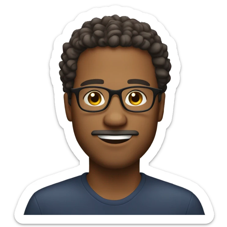 Brown male wearing glasses with curly hair, slightly round face with goatee facial hair sticker