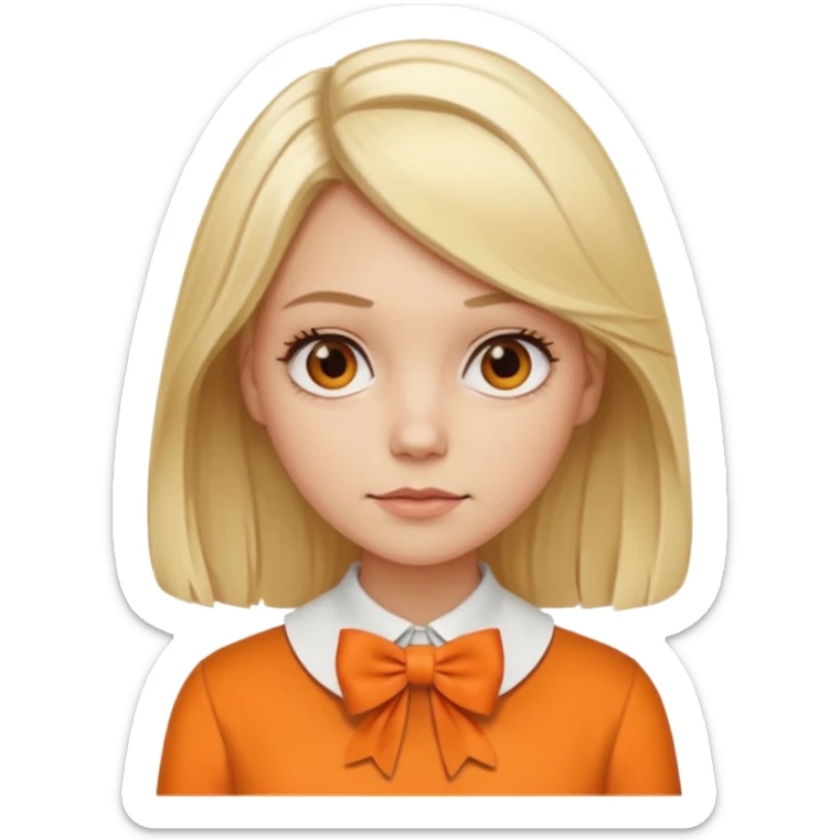 longer blond hair not smiling woman with orange blouse bow collar sticker