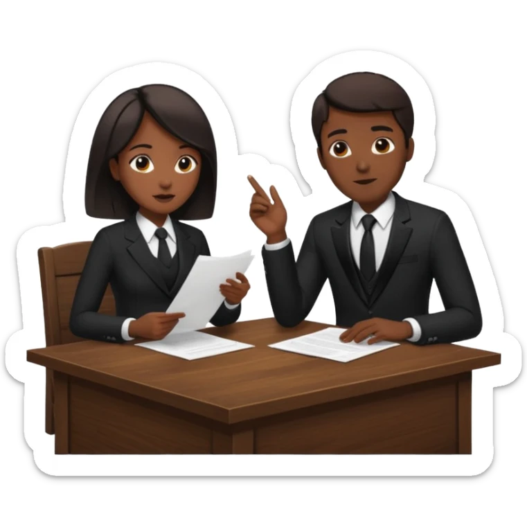 man in formal suit talking to woman in formal suit, they sit, papers in hands on the table sticker