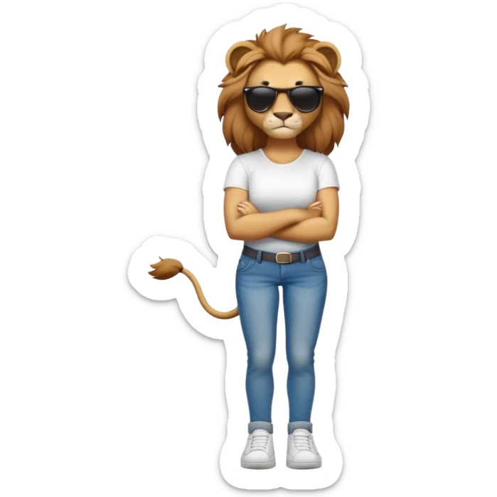 female lion character, full body, standing with arms crossed, wearing jeans, white t-shirt, trainers, dark sunglasses, strong and determined look sticker