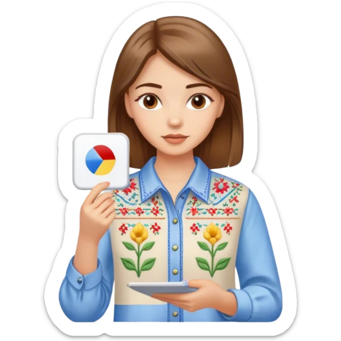 A Ukrainian girl with brown hair in an embroidered shirt holds a diagram sticker