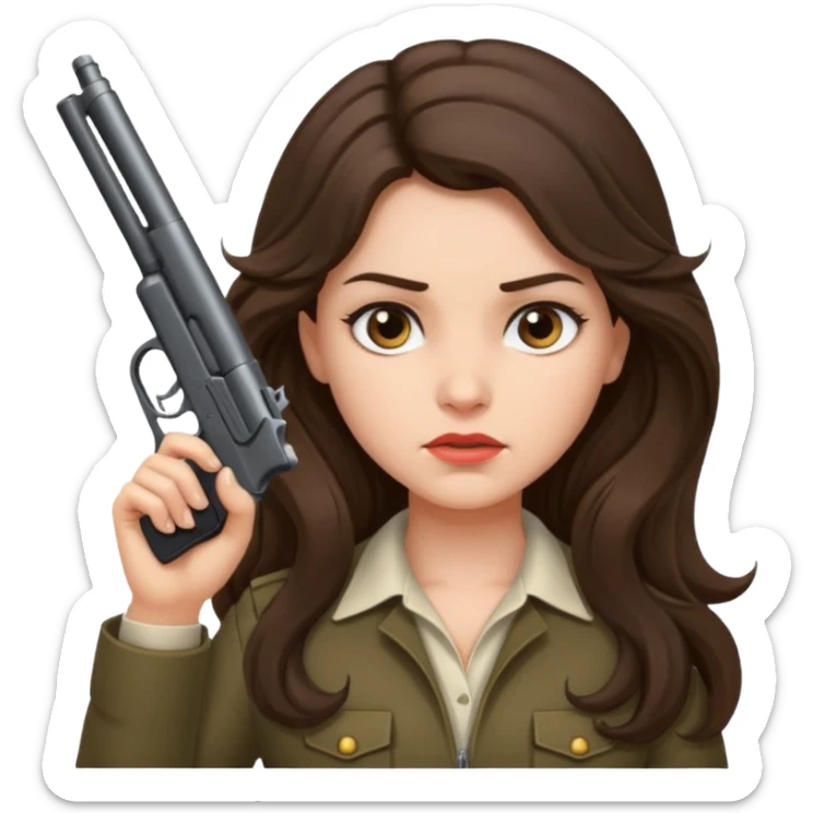 A brunette with long wavy hair girl who is about to kill herself with a littlr gun pointed at her temple sticker