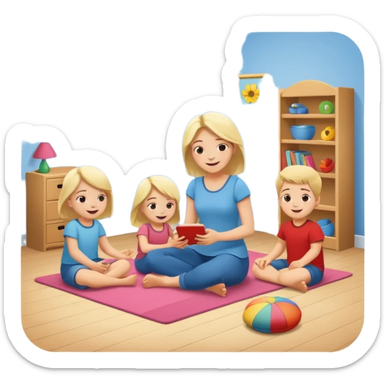 create a flat illustration of a children's room where the mother is sitting on the floor and two children are playing nearby sticker