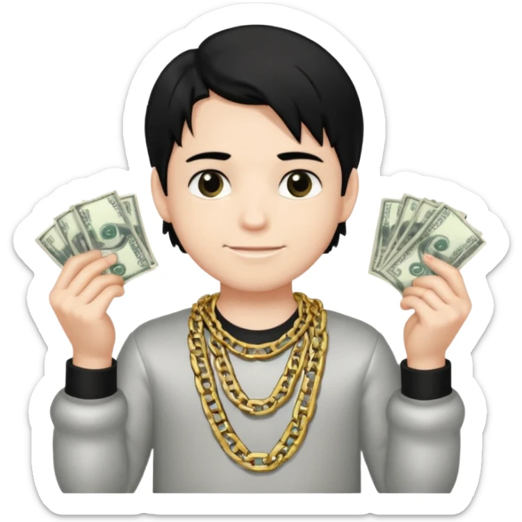 Has un chico con mucha plata en sus manos y en su alrededor, Con una cadena que diga "JovenBallin" y que tenga pelo negro y sea piel blanca sticker