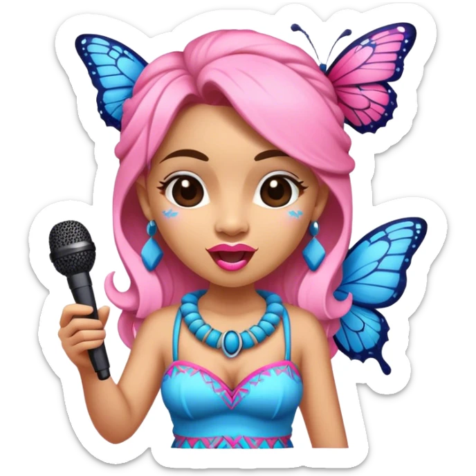 Cartoon Blue and pink tiki girl singing with butterfly and in the mikrophone sticker