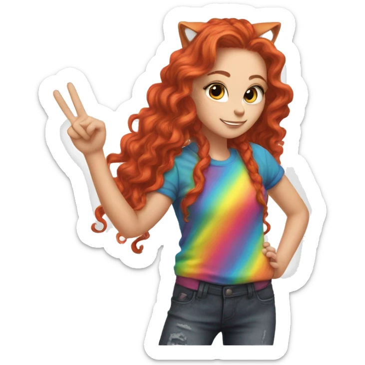 a white girl with long red curly hair in a pony tail with rainbow shirt does peace sign wearing cat ears one black other white sticker