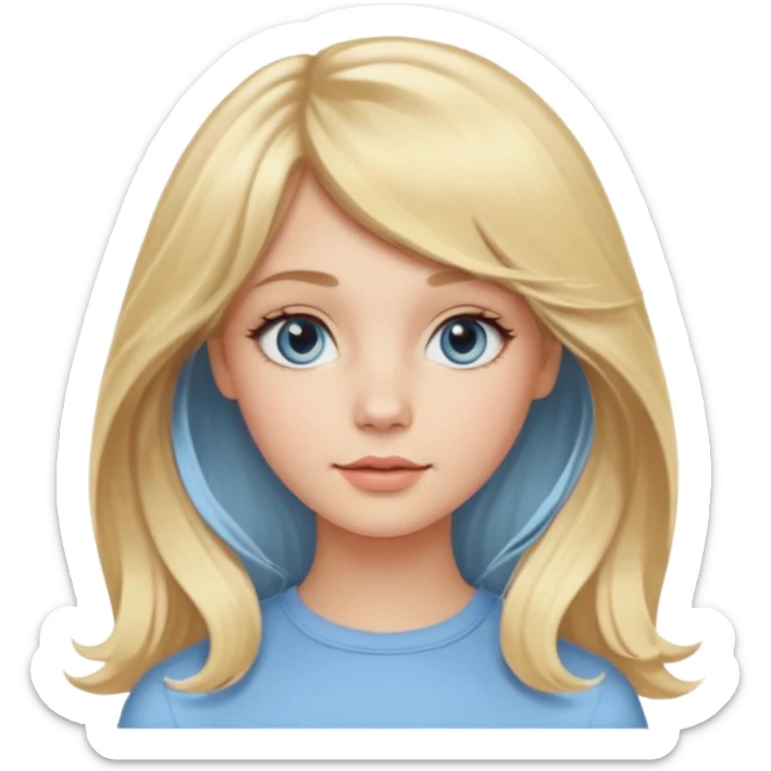 jeune femme de 20 ans, blonde avec une raie au milieu et une frange rideau encadrant le visage. Cheveux longs, lisses sur le haut et légèrement ondulés avec de belles boucles souples sur les pointes. Yeux bleus clairs lumineux, regard doux et naturel. Teint frais et peau lumineuse. sticker