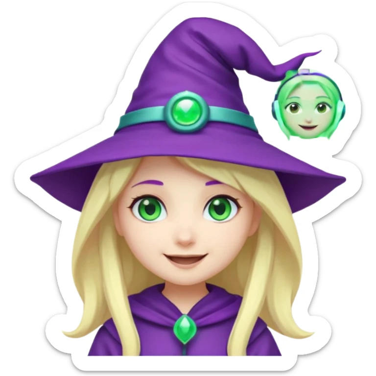 Make a blonde girl with green glowing headset on with teal eyes and a purple haired girl with green eyes waering a purple wit hes hat haveing fun , make them a chibi emoji page sticker