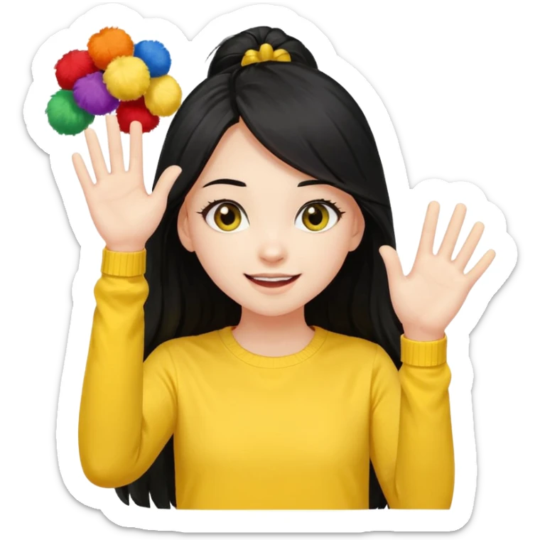 A long black hair teen girl waving pom-poms, eyes sparkling with excitement, yellow top sticker