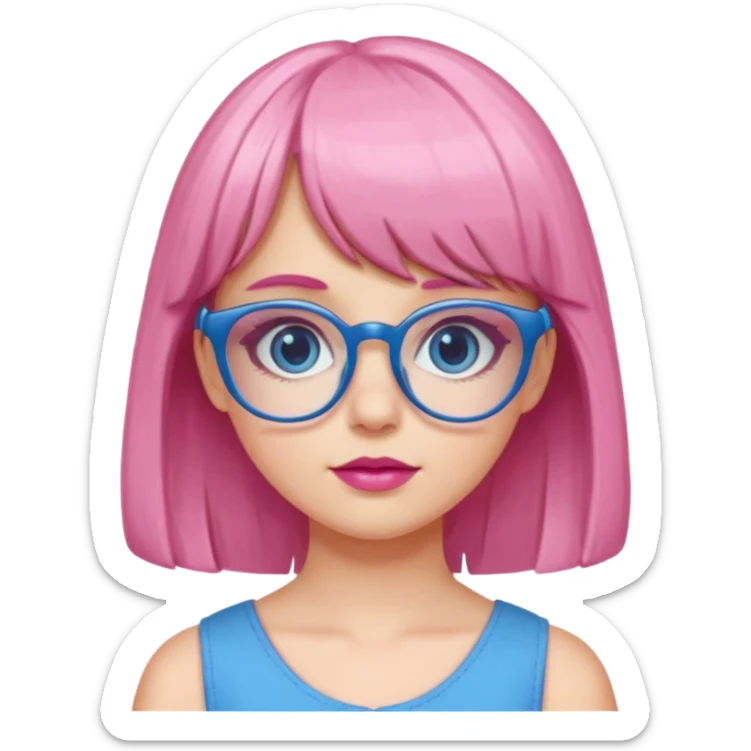 Cute white girl has bang and glasses wear pink make up and dress all blue sticker