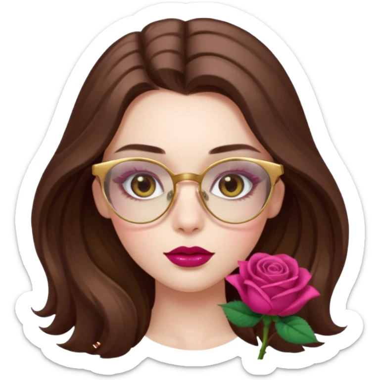 Beautiful pale brunette girl with soft hazel-brown eyes, long pretty lashes, and glossy raspberry lips, long hair and golden rose glasses  sticker