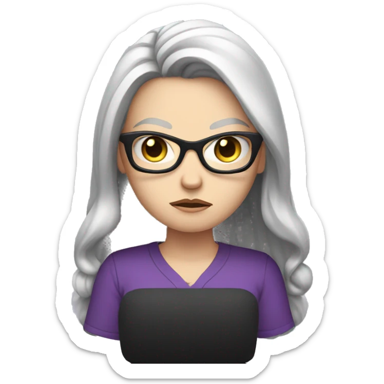 Angry scowling white girl, purple shirt, long black hair, wearing glasses, with arms crossed over chest. sticker