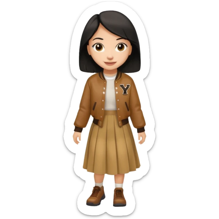  light skin, black cololong hair girl with brown varsity jacket and long skirt walking  sticker