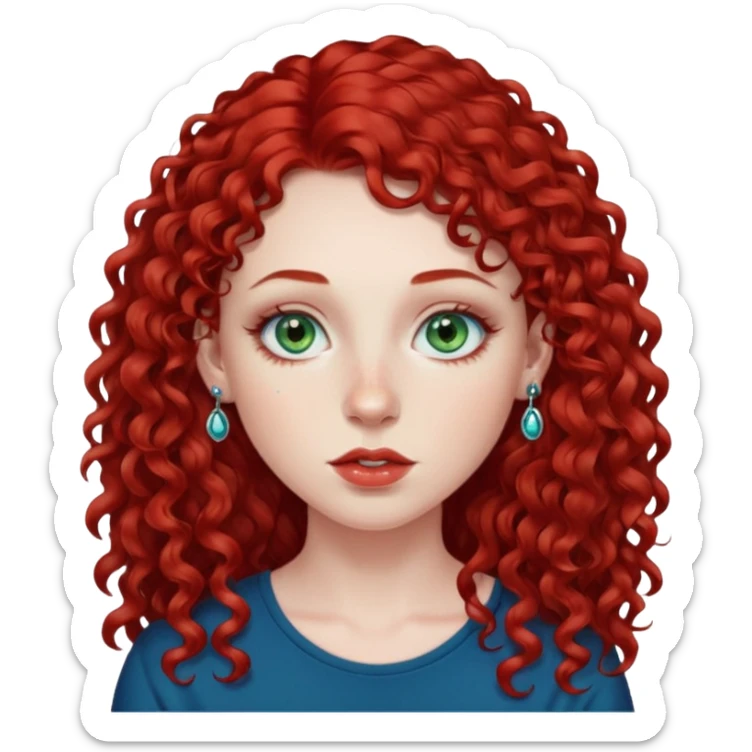 Red curly long hair with side fringe woman, pale skin, green/blue eyes, lower right lip piercing stud, nostril nose stud sticker