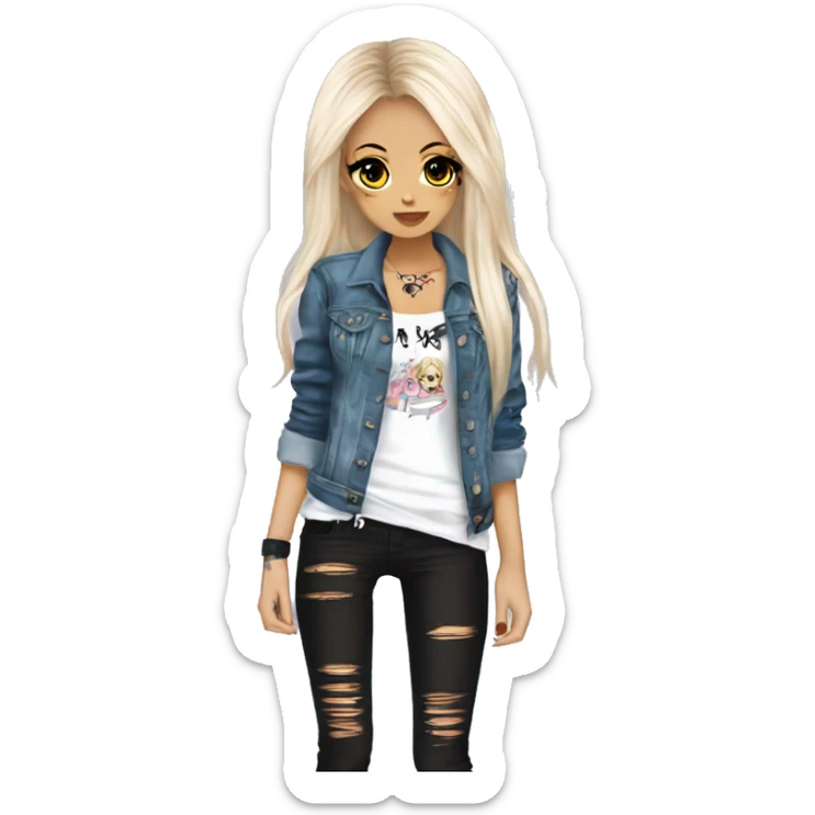 hime gyaru girl, goth, tattoos, long straight scene-style hair, white v neck tee with grunge jean jacket on as well sticker