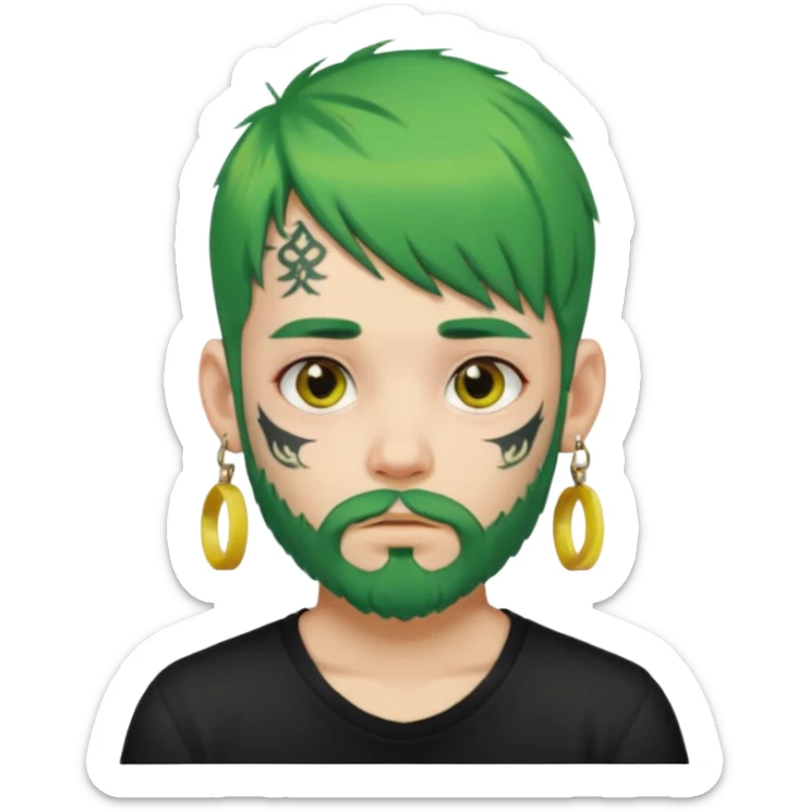 boy with bangs and green hair and yellow small hairtie on side and earrings and very heavy face tattoos and beard sticker