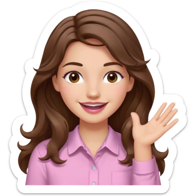 girl with wavy long brown hair, brown eyes, light to medium complexion, long lashes, light pink lipstick, smiling, wearing light pink shirt, slapping sticker