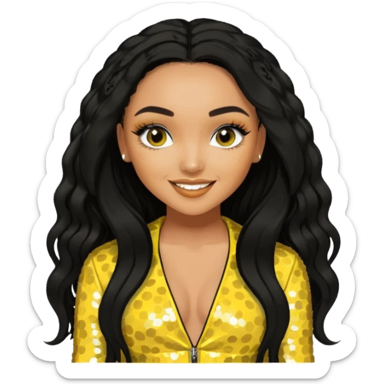Leigh-Anne Pinnock from Little Mix with long black hair, yellow sequin outfit sticker