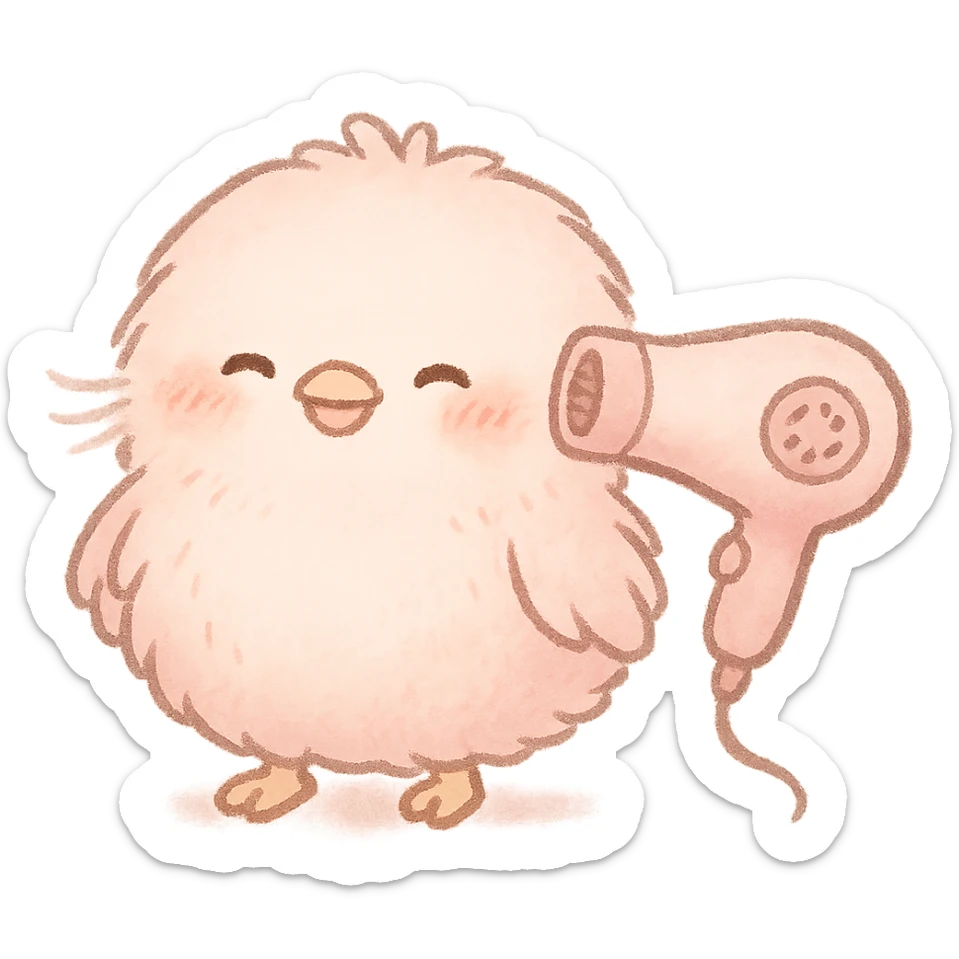 chibi cute soft fluffy hair dryer bird, blowing gentle air, happy face, soft pink, full-body sticker