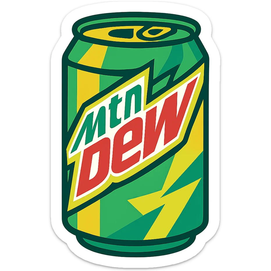 a can of Mountain Dew, vibrant, energetic, green and yellow colors sticker