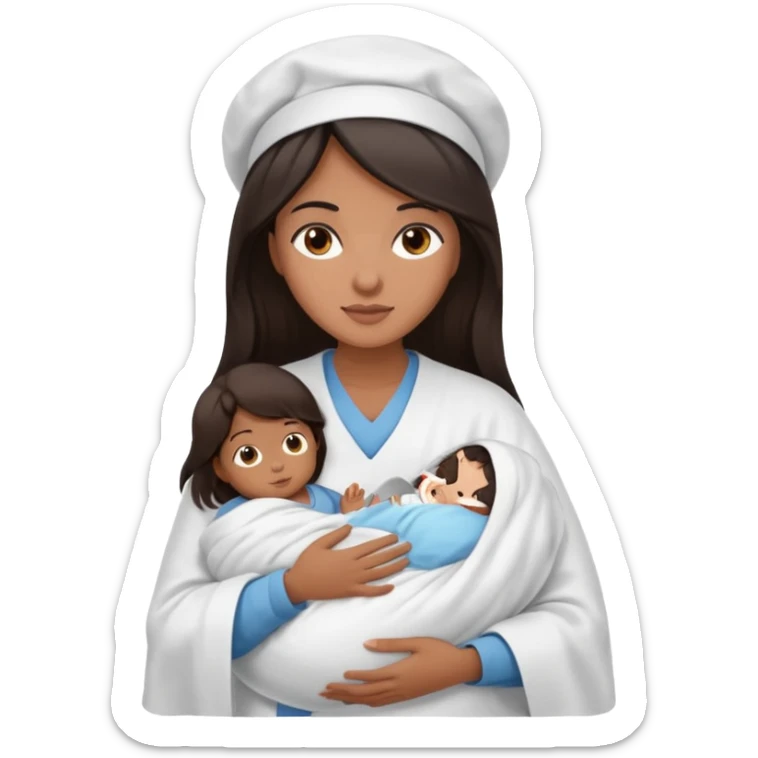 Female nurse with long dark hair with medium brown skin and brown eyes holding one new born  sticker