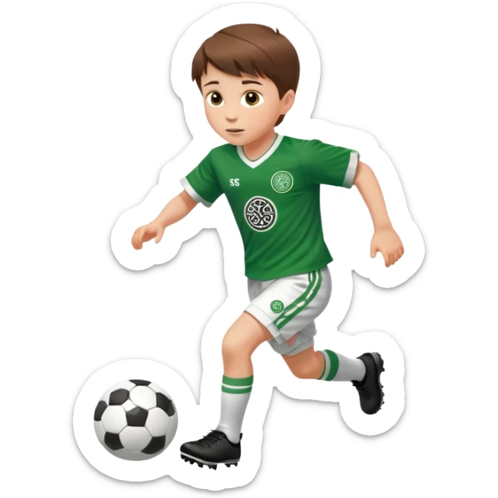 Celtic footballer jersey logo  6 years old brown hair white boy , brown eyes , stripes uniform , RUNNING  with soccer ball is number  17 celtic football logo  ONE CELTIC LOGO ONLY white shorts sticker