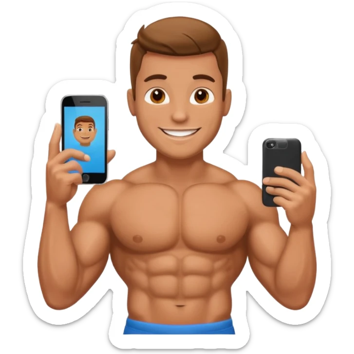 Mec musclé avec un téléphone dans les mains qui navigue sur so téléphone qui sourit sticker
