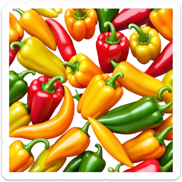Cinematic bright colorful peppers, glossy and fresh, arranged in a vibrant mix of red, yellow, and green, warm glowing background, fresh and lively. sticker