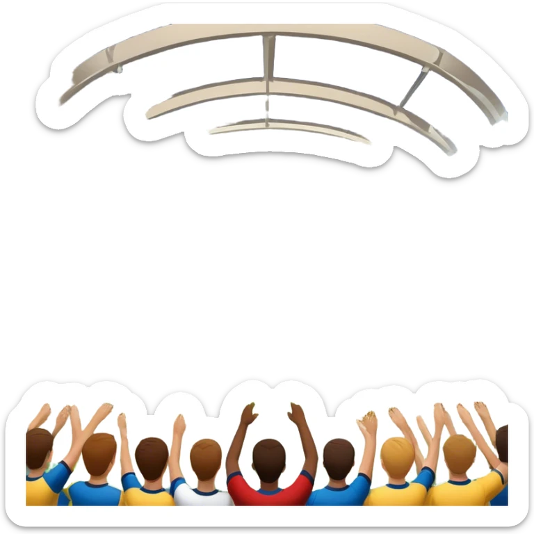 An icon showing a large, beautiful indoor stadium with soccer players on the field, actively playing. Fans cheer from the stands, creating a vibrant and energetic atmosphere. Bright lights shine down on the action, symbolizing the excitement of live sporting events. Transparent background. sticker