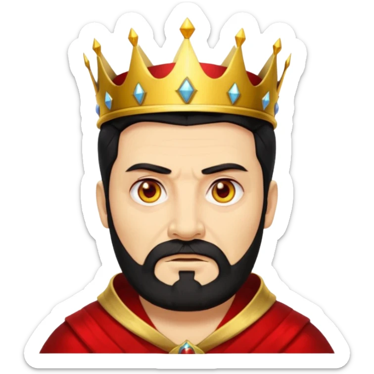


an old king with yellow skin, red eyes, 60 years old, black hair, black beard, wearing a crown, red robe, fierce face
 sticker