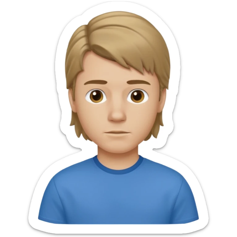 boy with dark blonde hair in a mullet with a neat blue shirt (blouse) sticker