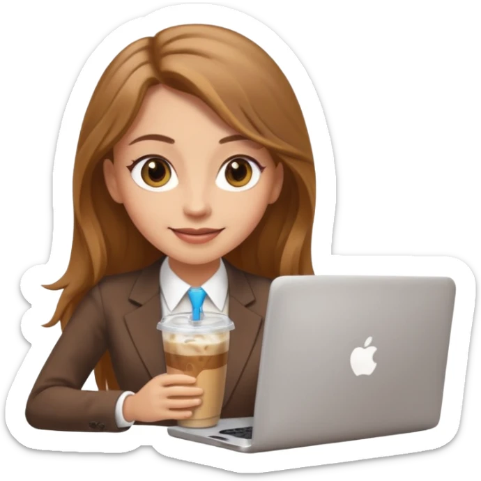 Women in front of laptop with a happy face, long light brown hair, light brown big eyes, light skin with a iced coffee on the side, business attire sticker