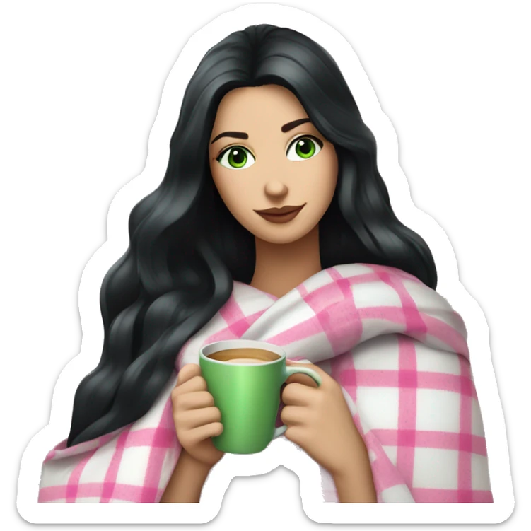 A pretty white woman with long black hair and green eyes wrapped in pastel pink plaid blanket drinking coffee sticker