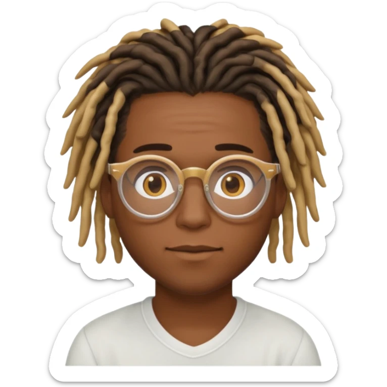  dark skin to brown male with dreads that are medium short with honey blond on one dyed one side of his hair wearing clear glasses looking in love sticker