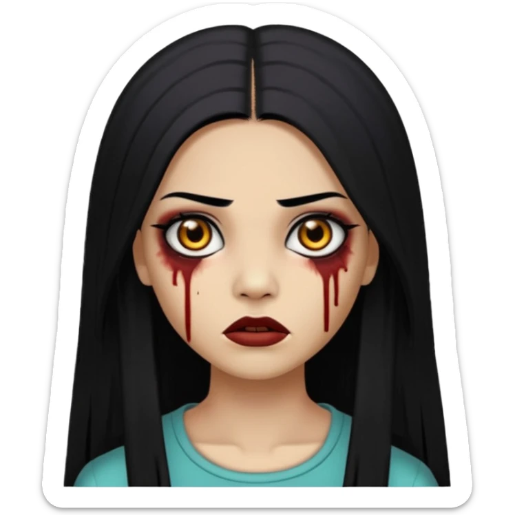 zumbi mulher,cabelo repartido no meio,olho escuro,cabelo liso longo preto  sticker