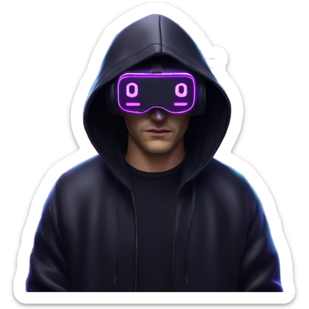 Russian man wearing a black hoodie with "OMG" letters on it and VR headset in a cyberpunk VR environment with violet neon lighting. sticker