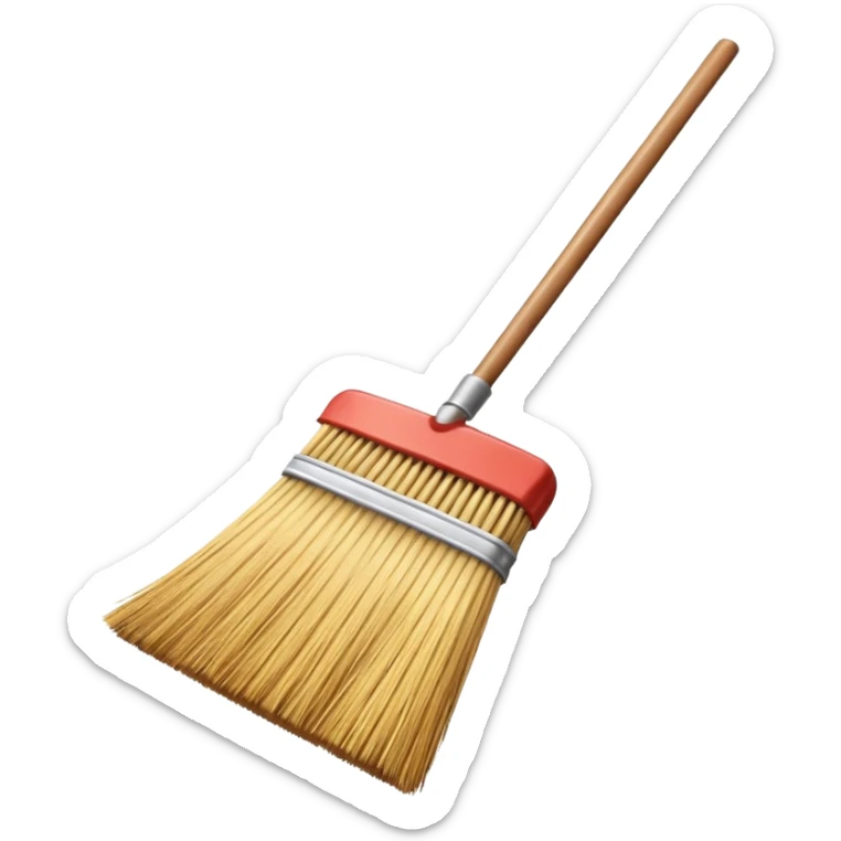 traditional broom with wooden handle cleaning dust from a carpet, straw bristles sweeping visible dust particles, vintage household cleaning tool, simple retro style, 3D cartoon, mobile game icon style, centered composition, clean background, no people, no animals, no text, no watermark sticker