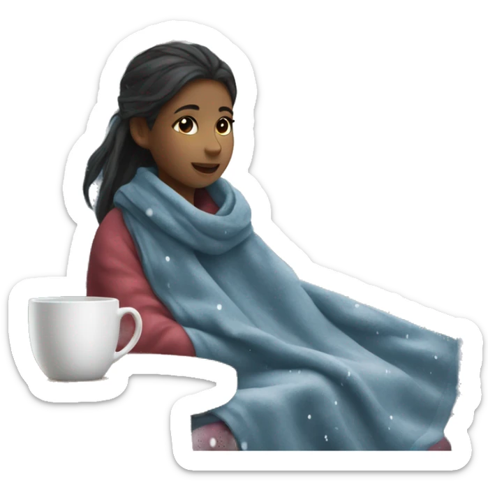 Girl sitting near the window with blanket and tea cup and it snowing  sticker