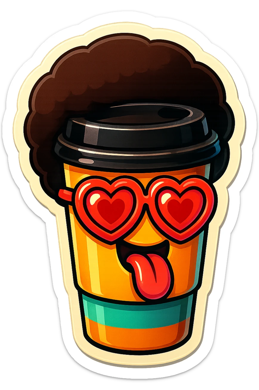 Tall coffee cupp, afro, heart glasses, big heart eyes, tounge rolled out sticker