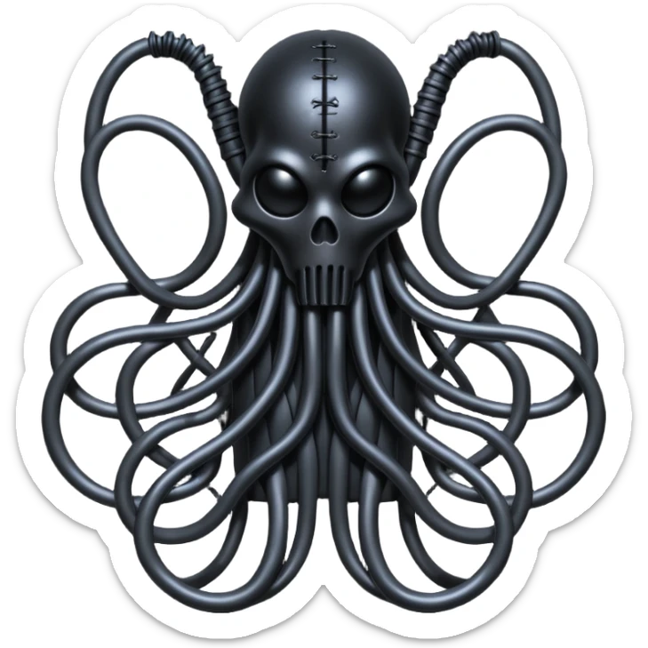 network of dark black wires and tubes forming a surreal occult creature, wrapped in black rags and bondage, Giger-inspired sticker