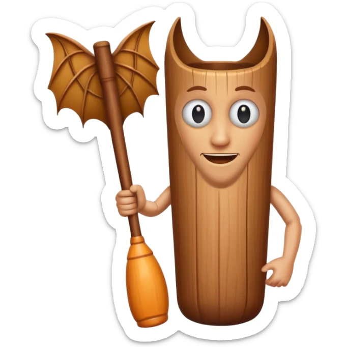 Make a wood tube with a face and wooden legs and arms and a bat sticker