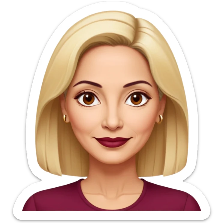 Puerto Rican actress Linette Torres in her 50s with warm light skin, mature elegant features, some fine lines, expressive eyes, well-defined eyebrows, straight nose, friendly smile, shoulder-length blonde hair, wearing a fashionable burgundy top sticker