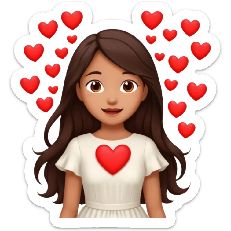 A girl with long, dark brown hair, wearing a beautiful white dress, is overjoyed with love, surrounded by hearts. sticker