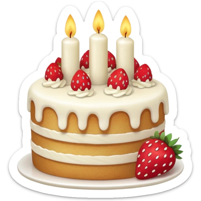 Jellycat vanilla cake with white frostting and strawberries on top with one candle  sticker