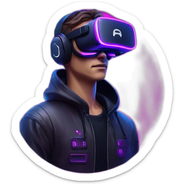 Alekséi Vorobiov wearing a black hoodie with "OMG" letters on it and VR headset in a cyberpunk VR environment with violet neon lighting. sticker