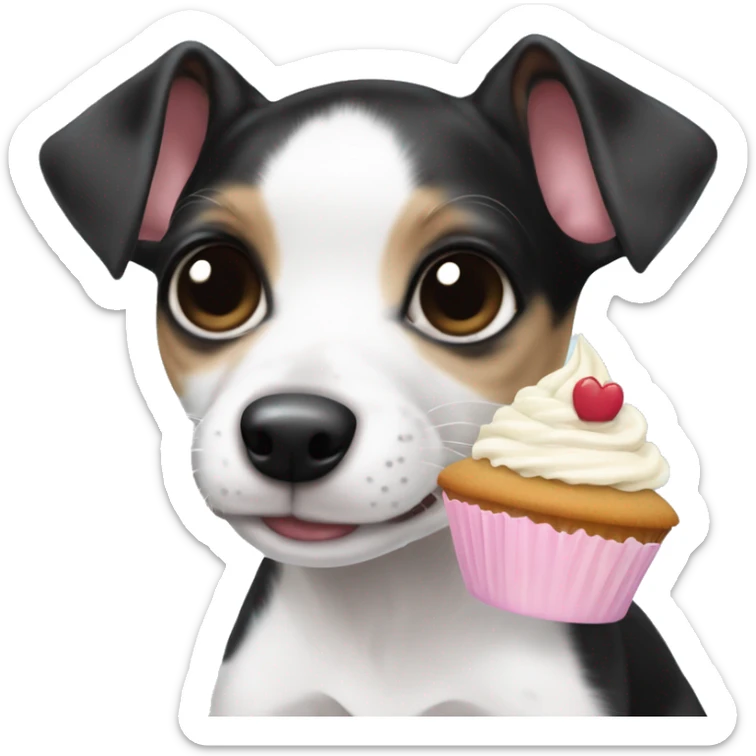 Cute big eyed Black and white rat terrier puppy (no brown) eating a cupcake sticker