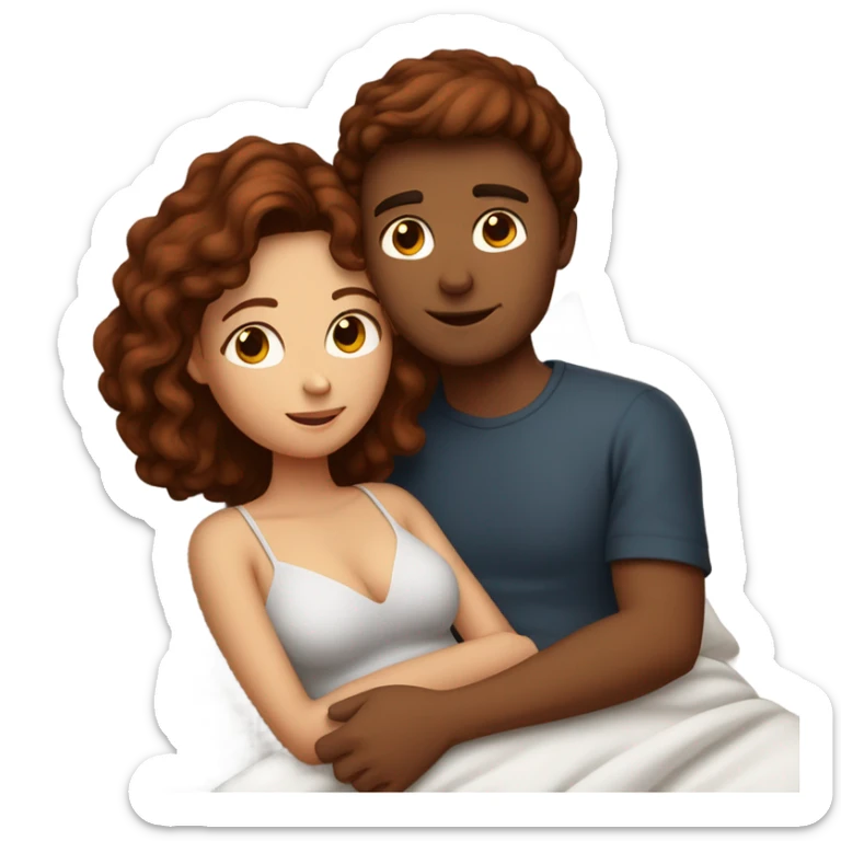 Burgundy haired girl and brunette boyfriend cuddling in bed sticker