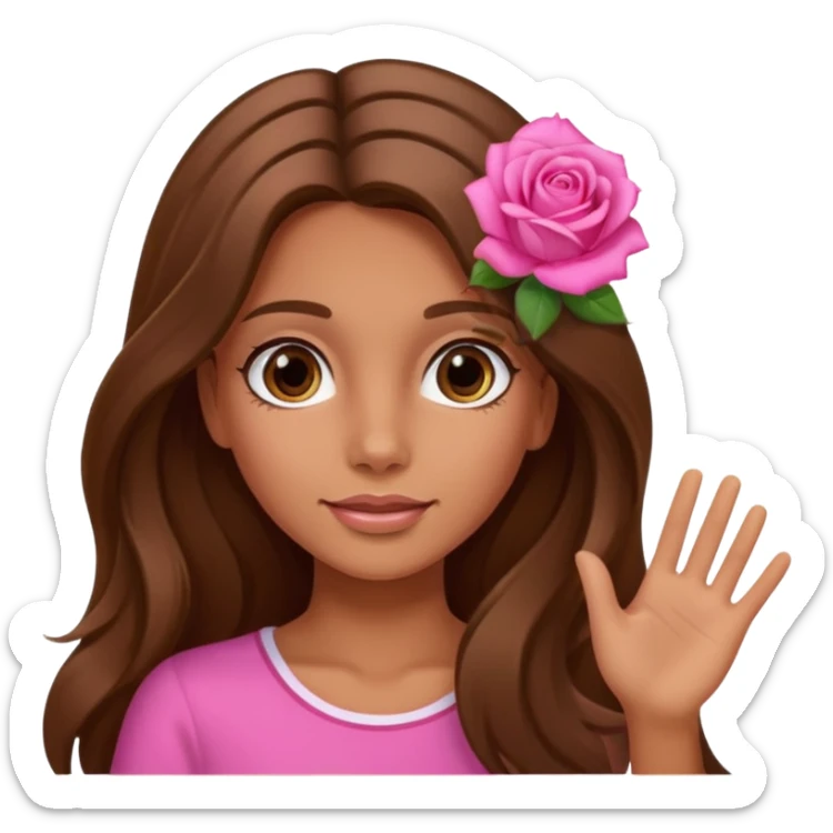 A tanned girl's face waved long brown hair with pink rose sticker