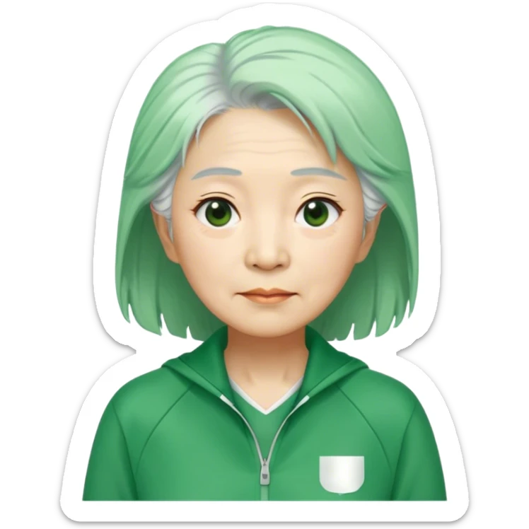 Hong is a middle-aged woman, around 60 years old, green tracksuit.  Her white tie hair, is unkempt and damp with sweat. sticker