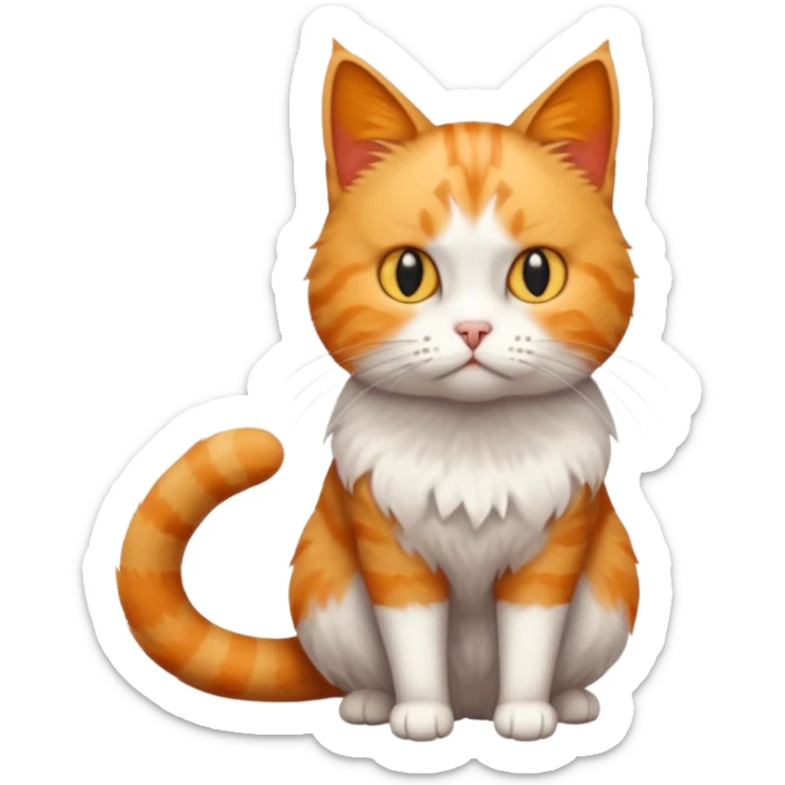 full body white, ginger and tabby cat with skinny head and fat body with an anxious face sticker